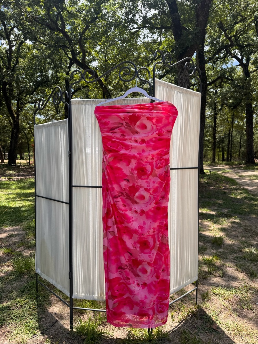 Bright Pink Floral Strapless Maxi Dress